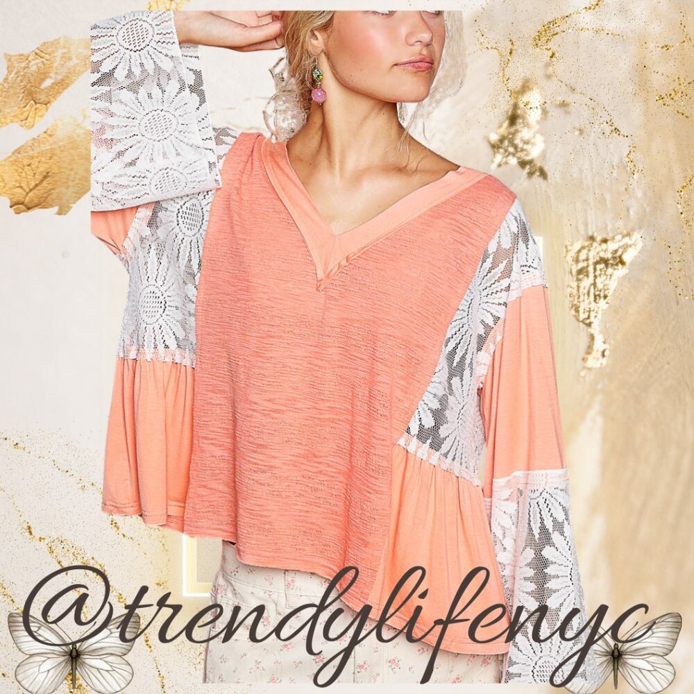 #104 POL V-Neck Flare Sleeve Lace Top